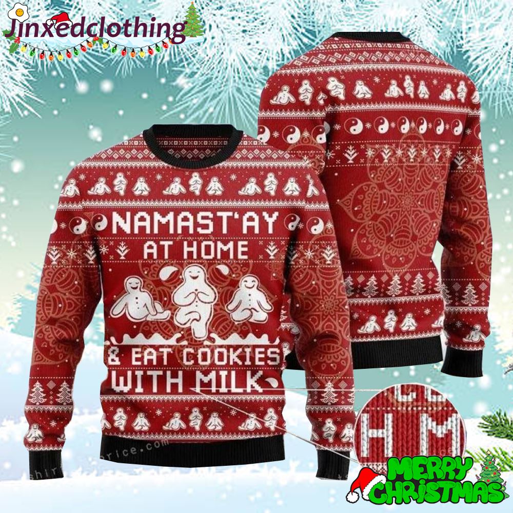 Namastay At Home Eat Cookies With Milk Womens Ugly Sweater 